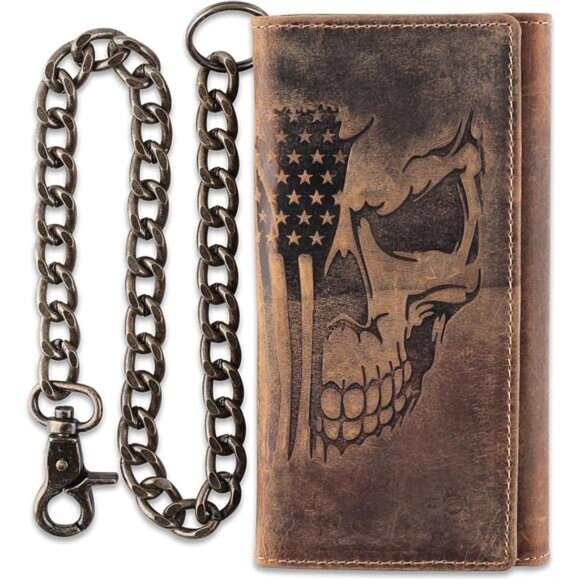 CLASSIC RFID Blocking Mens Tri-fold Long Style Cowhide Leather Steel Chain